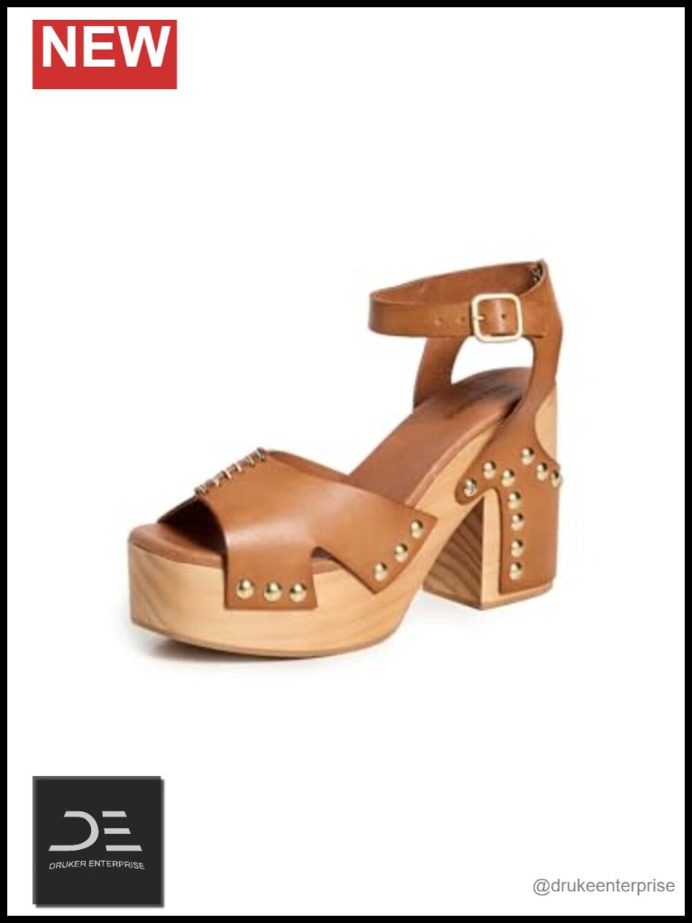 Women's Leather Open Toe Mule Clog with Wood Sole and Ankle Strap